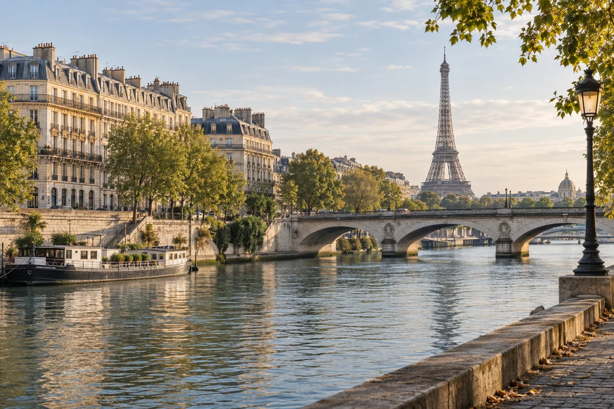Destination illustration inspired by Paris, with a riverside promenade, stone bridge and Eiffel Tower