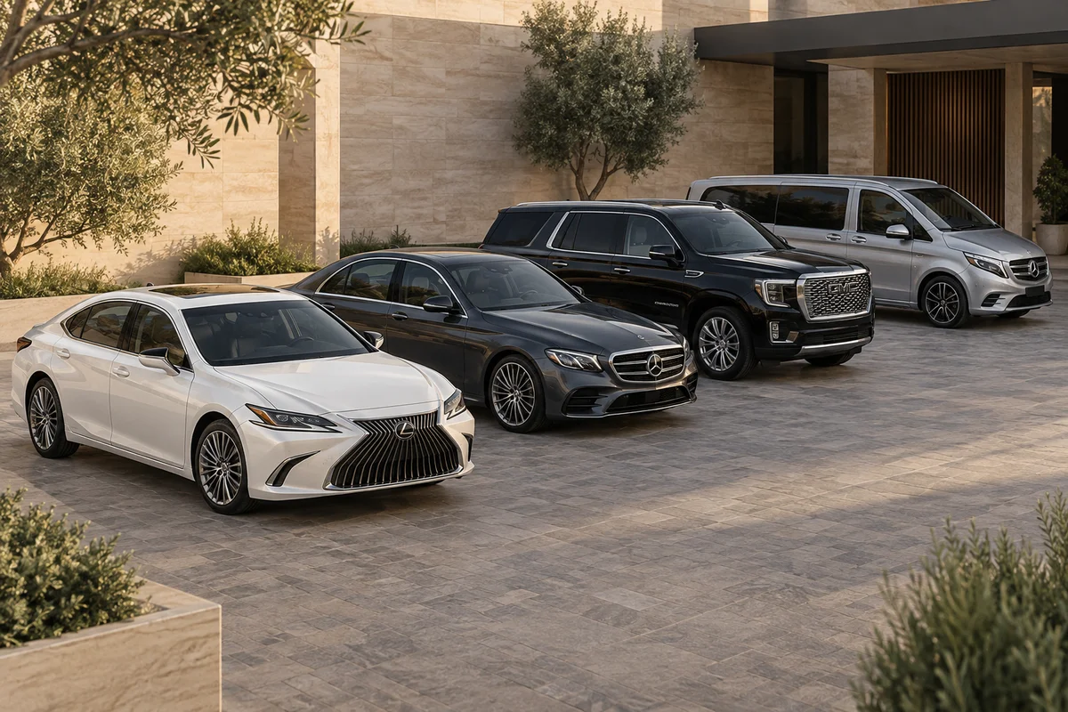 Fleet illustration of two executive sedans, a black SUV and a silver passenger van in a sandstone courtyard