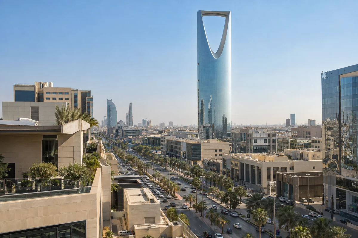 Generated Riyadh cityscape with Kingdom Centre and palm-lined streets in daylight