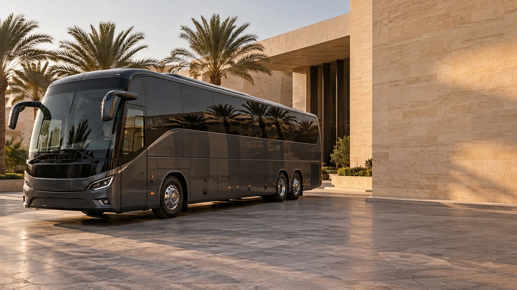 Graphite passenger coach parked outside a palm-lined sandstone venue