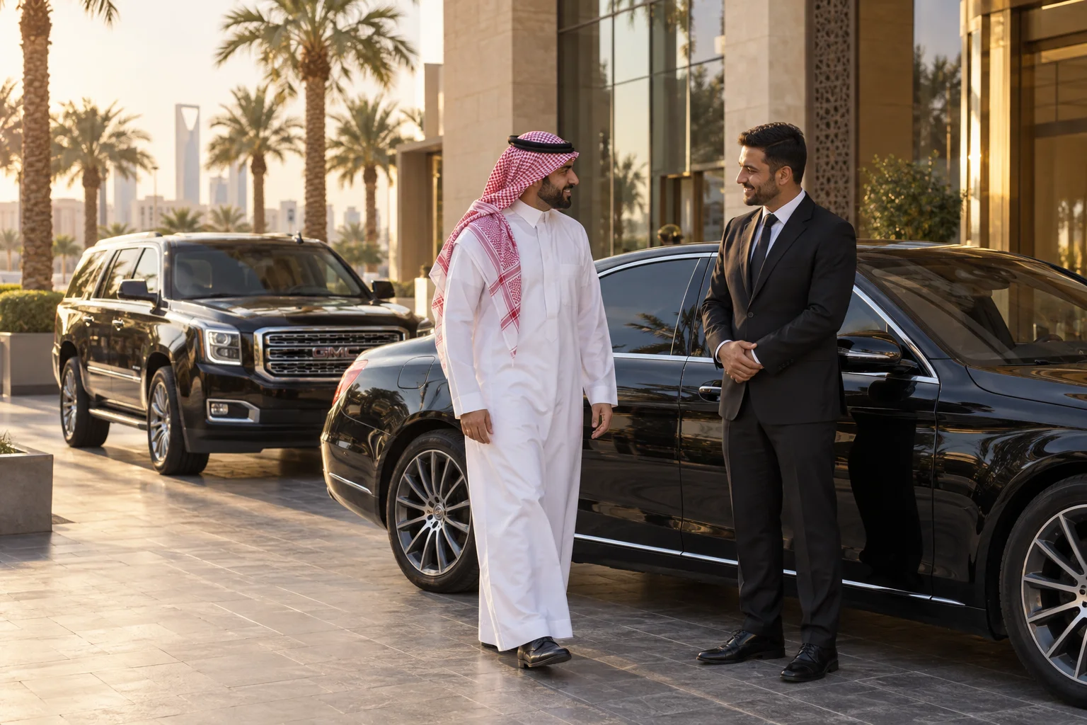 Chauffeur welcoming a Saudi guest beside premium vehicles at a contemporary venue