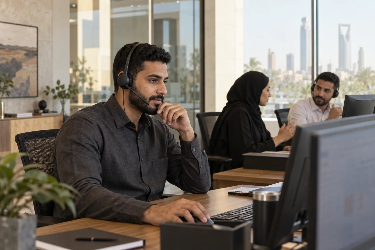 Transport coordinators working together at computer workstations