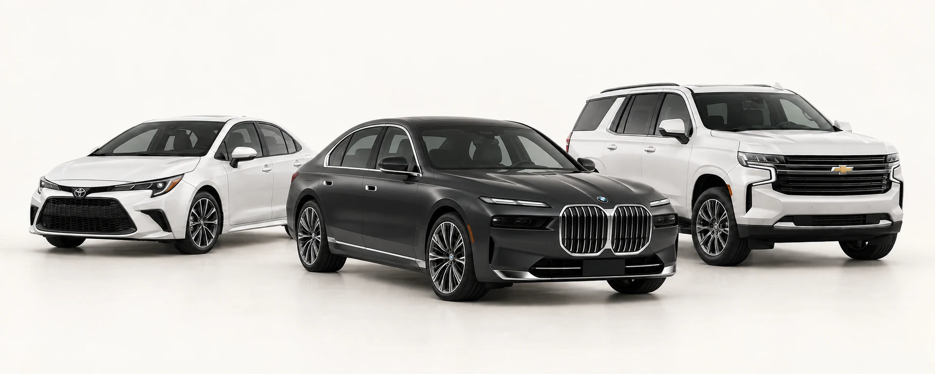 White Toyota Corolla and Chevrolet Tahoe alongside a charcoal BMW 7 Series