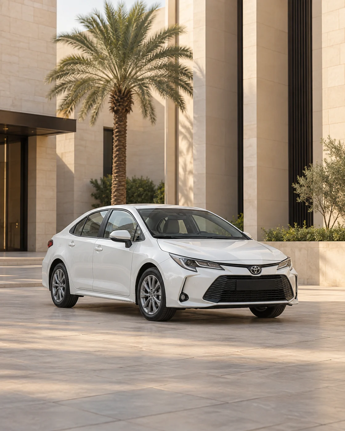 White Toyota Corolla in a palm-lined limestone forecourt