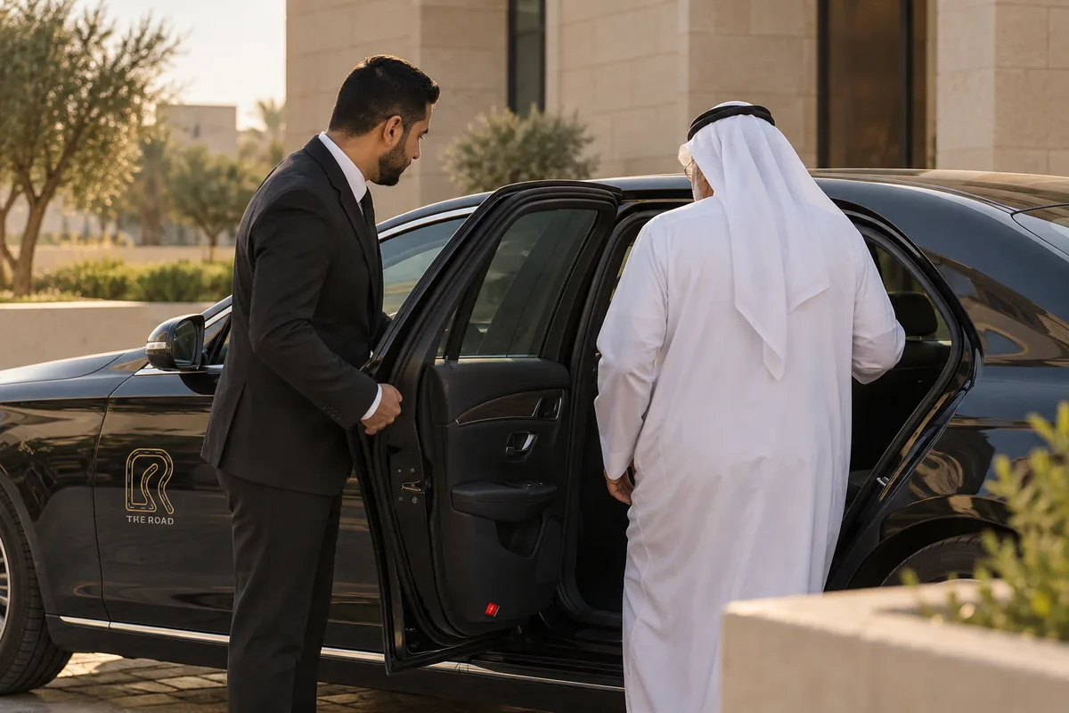 Chauffeur offering a guest assistance beside a black executive car