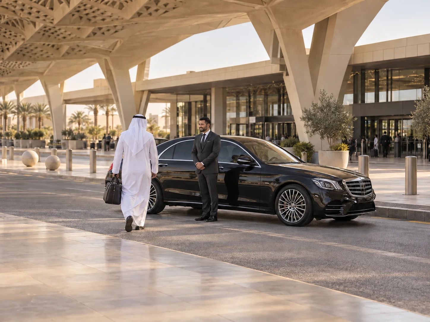 Illustration of a smiling chauffeur welcoming a Saudi customer beside a black sedan at an airport-inspired entrance