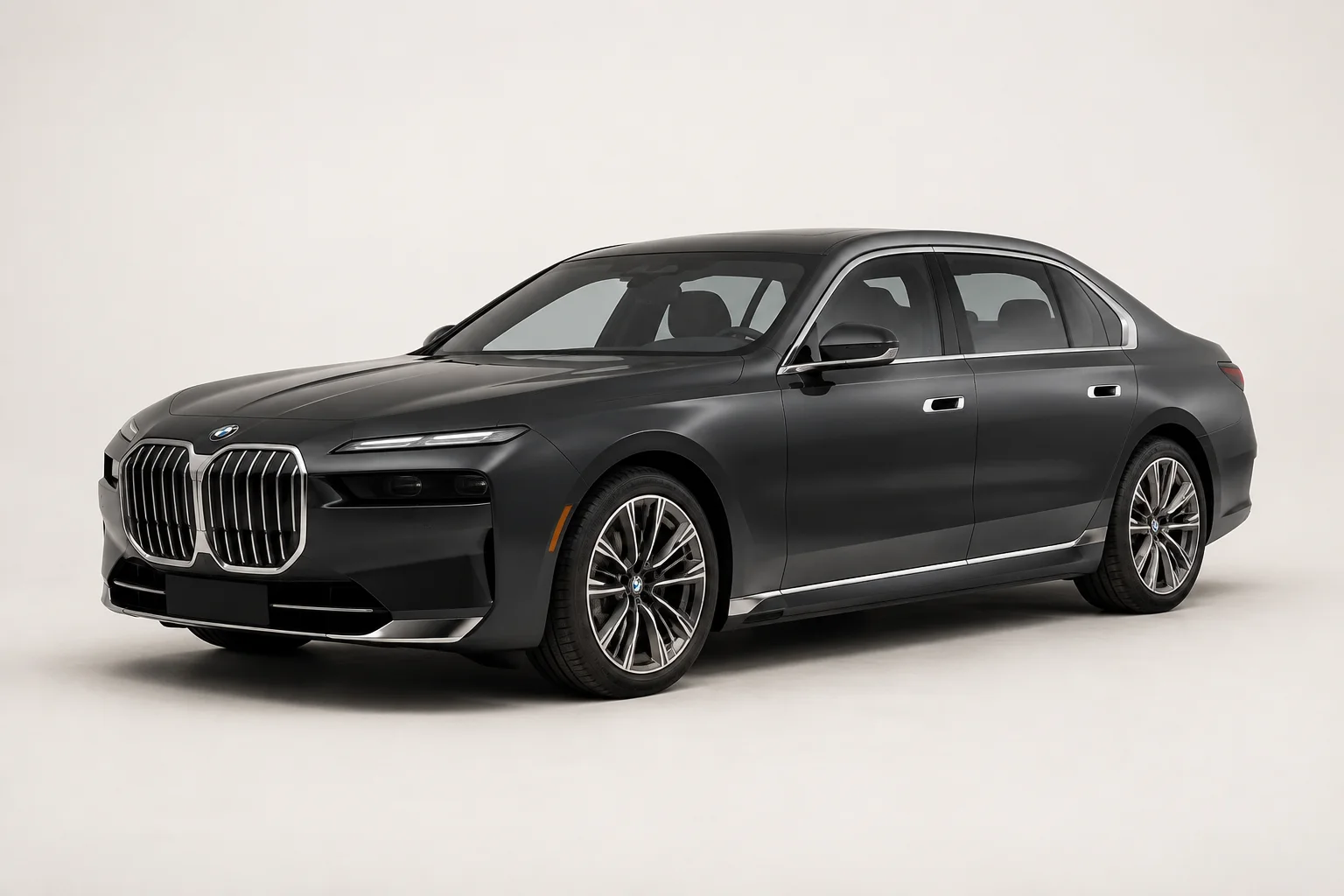 Illustrative graphite BMW 7 Series sedan in a light studio.
