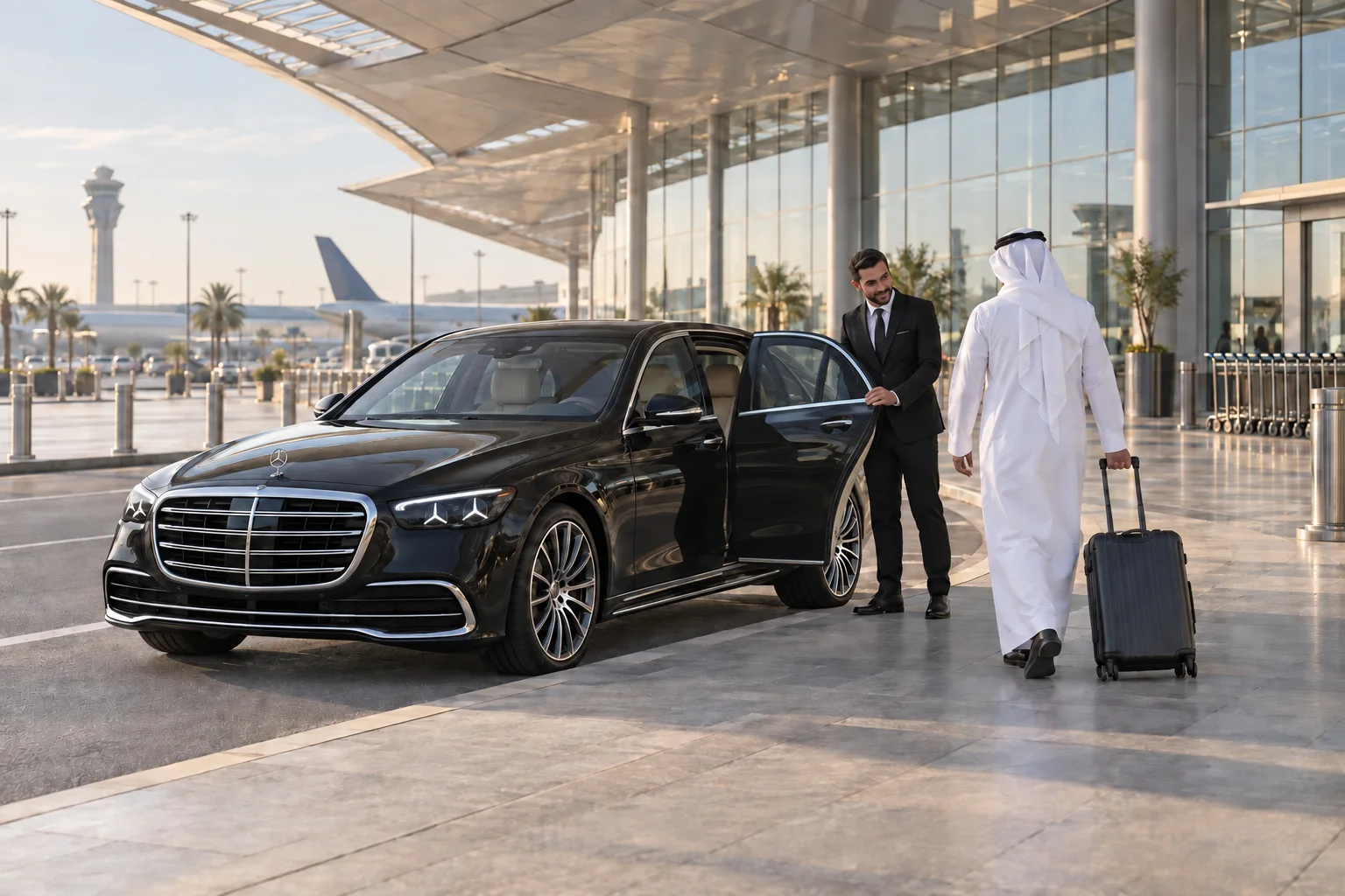 Illustrative scene of a chauffeur welcoming a Saudi traveller beside a luxury sedan at an airport terminal.