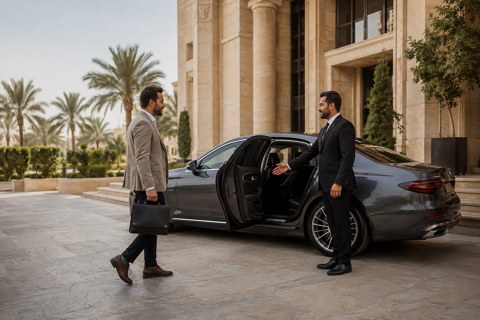Chauffeur welcoming a traveller beside a luxury sedan outside a hotel