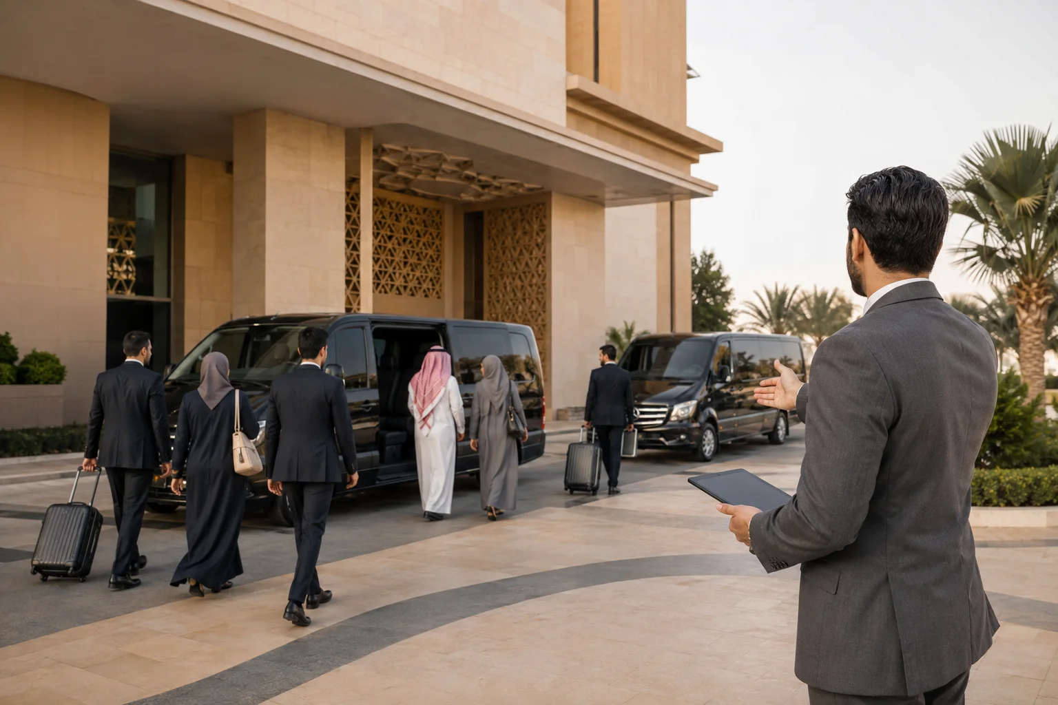 Illustrative transport coordinator directing event guests towards passenger vans.
