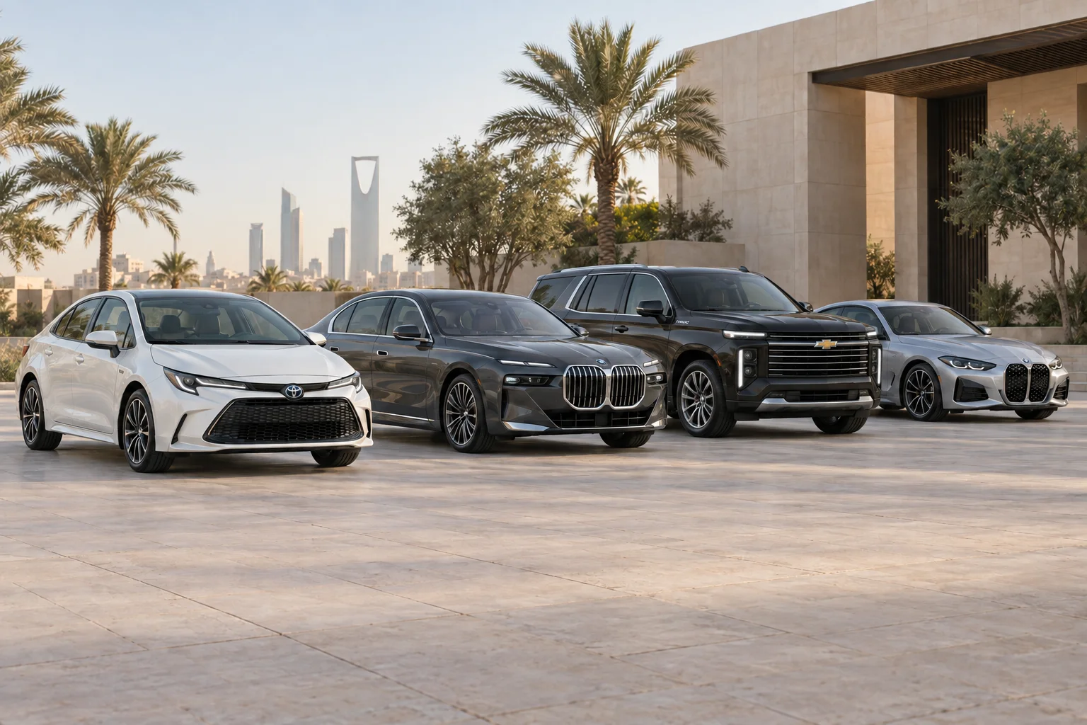 Illustrative fleet of four modern cars, including sedans and an SUV, on a Saudi forecourt.